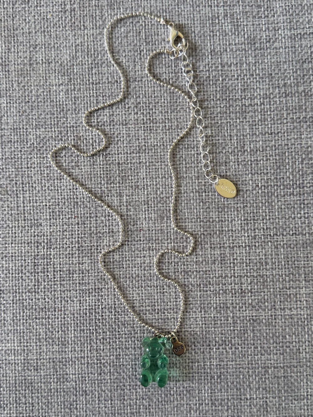 Silver Tone Chain Necklace with Green Gummy Bear Pendant